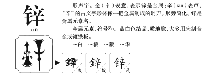 锌字字源字典